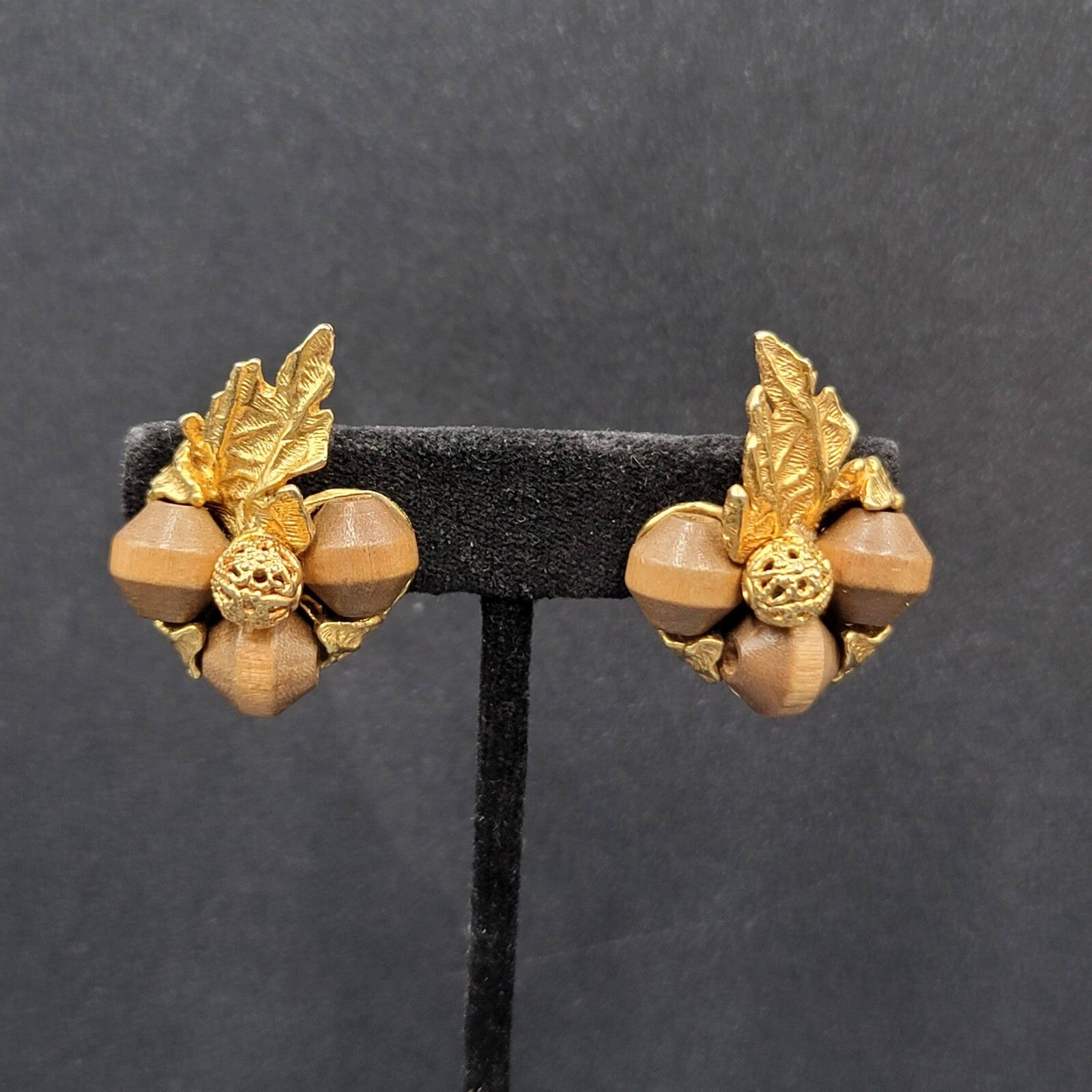 Vintage ART Clip on Earrings Gold Plated Wood Beads Leaf Design Climber 1.25"