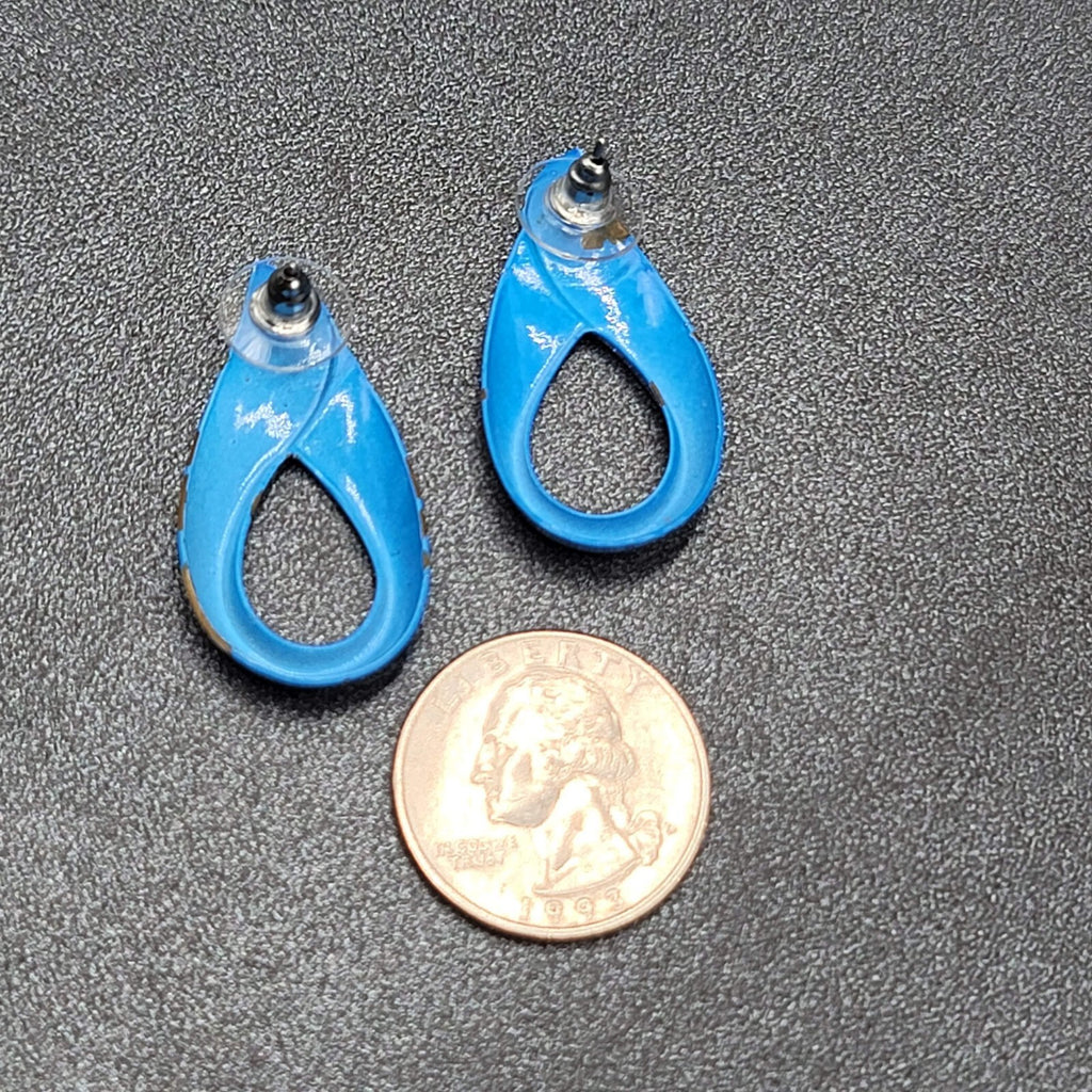 Vintage Pierced Earrings Blue Enamel over Metal Open Teardrop 1 3/8"