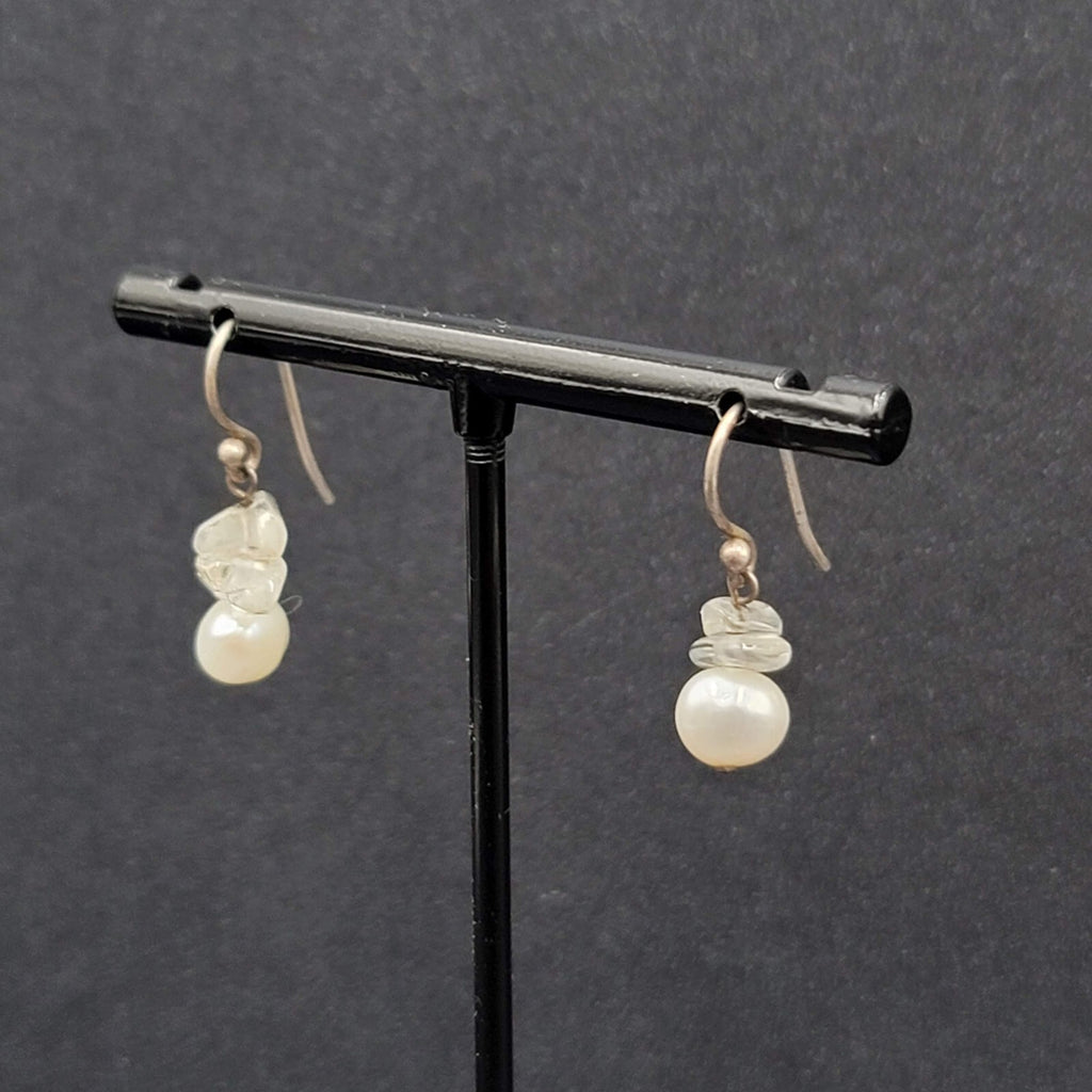 Sterling Silver Pierced Earrings Freshwater Pearl Quartz Bead Dangle 5/8"