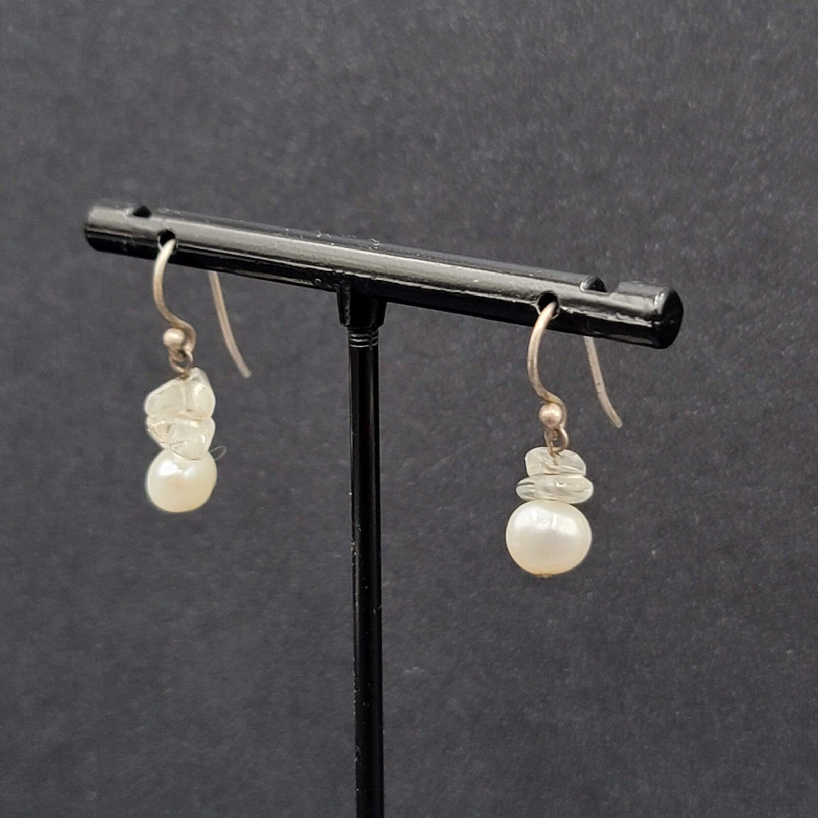 Sterling Silver Pierced Earrings Freshwater Pearl Quartz Bead Dangle 5/8"