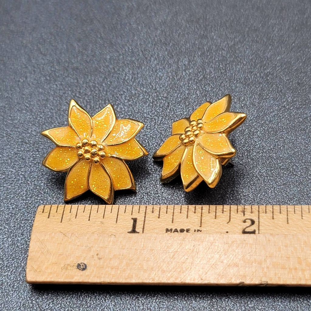 Vintage Pierced Earrings Yellow Enamel Poinsettia Flower Drop 1"