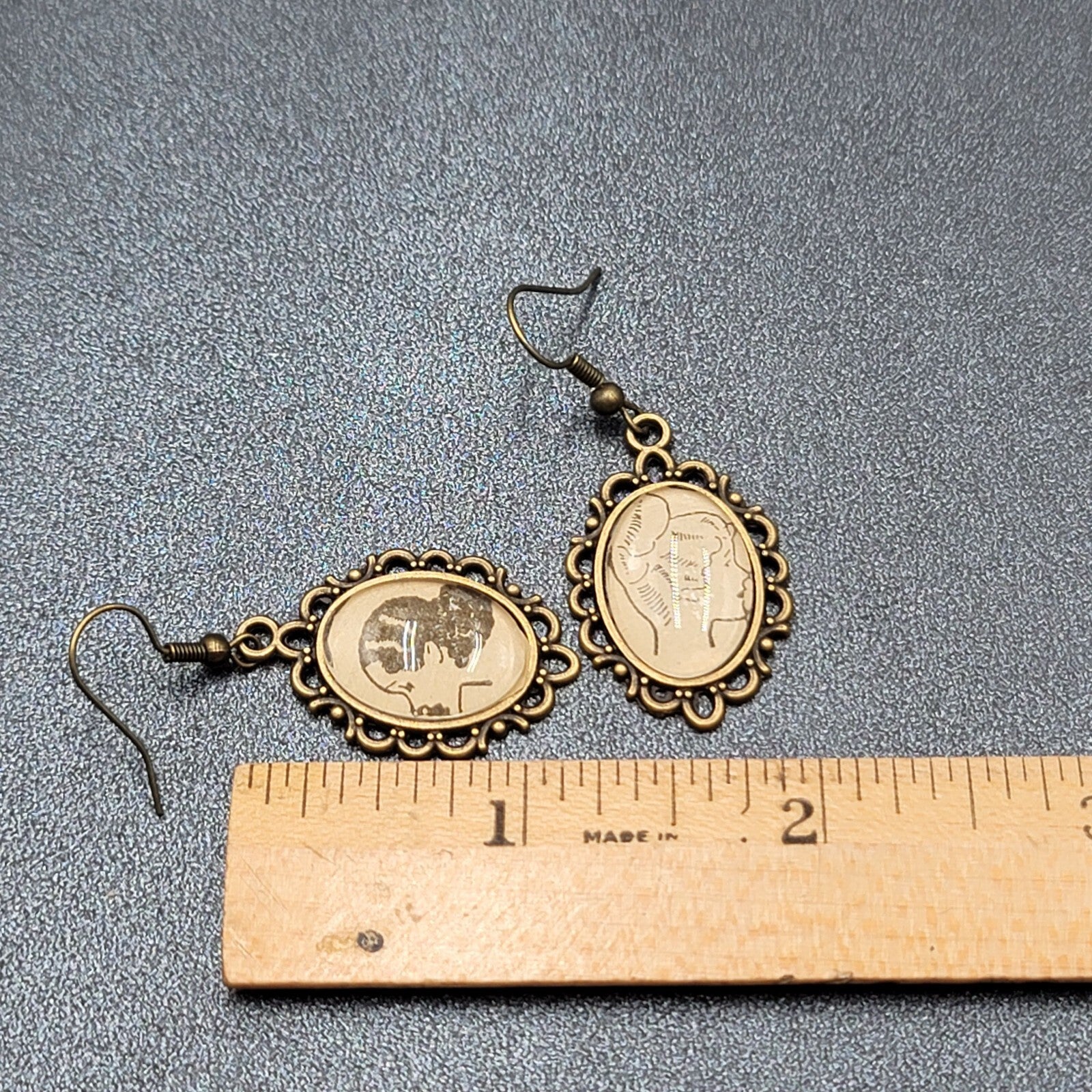 Pierced Earrings Bronze tone Glass Cabochon Updo Ladies Antique Drawings 1.25"