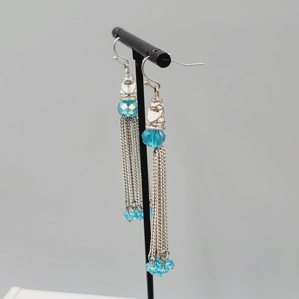 Dangle Chains Pierced Earrings Blue Crystal Beads Tassel 2.5"