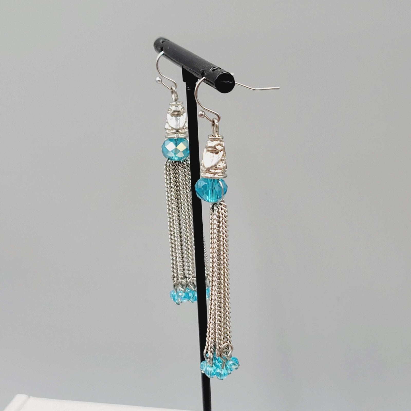 Dangle Chains Pierced Earrings Blue Crystal Beads Tassel 2.5"