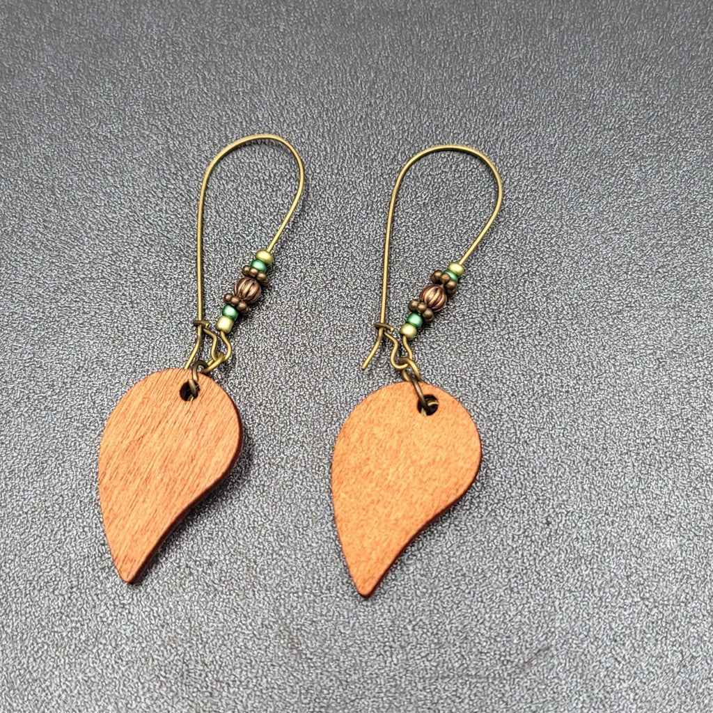 New Boho Pierced Earrings Gold tone Wood Leaf Beaded Dangle 2.75"