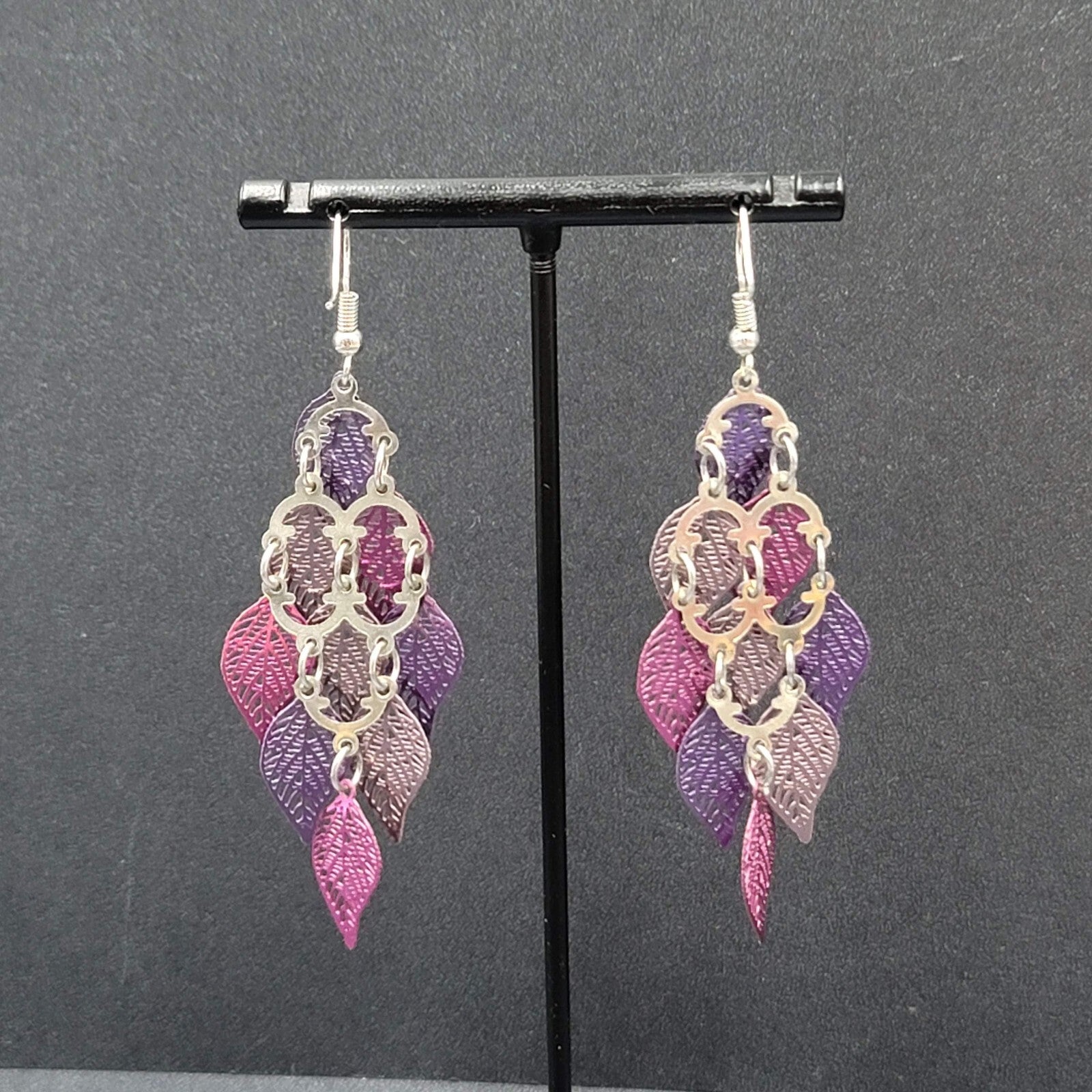 Pierced Earrings Purple Metal Laser Cut Chandelier Dangle 2.5"