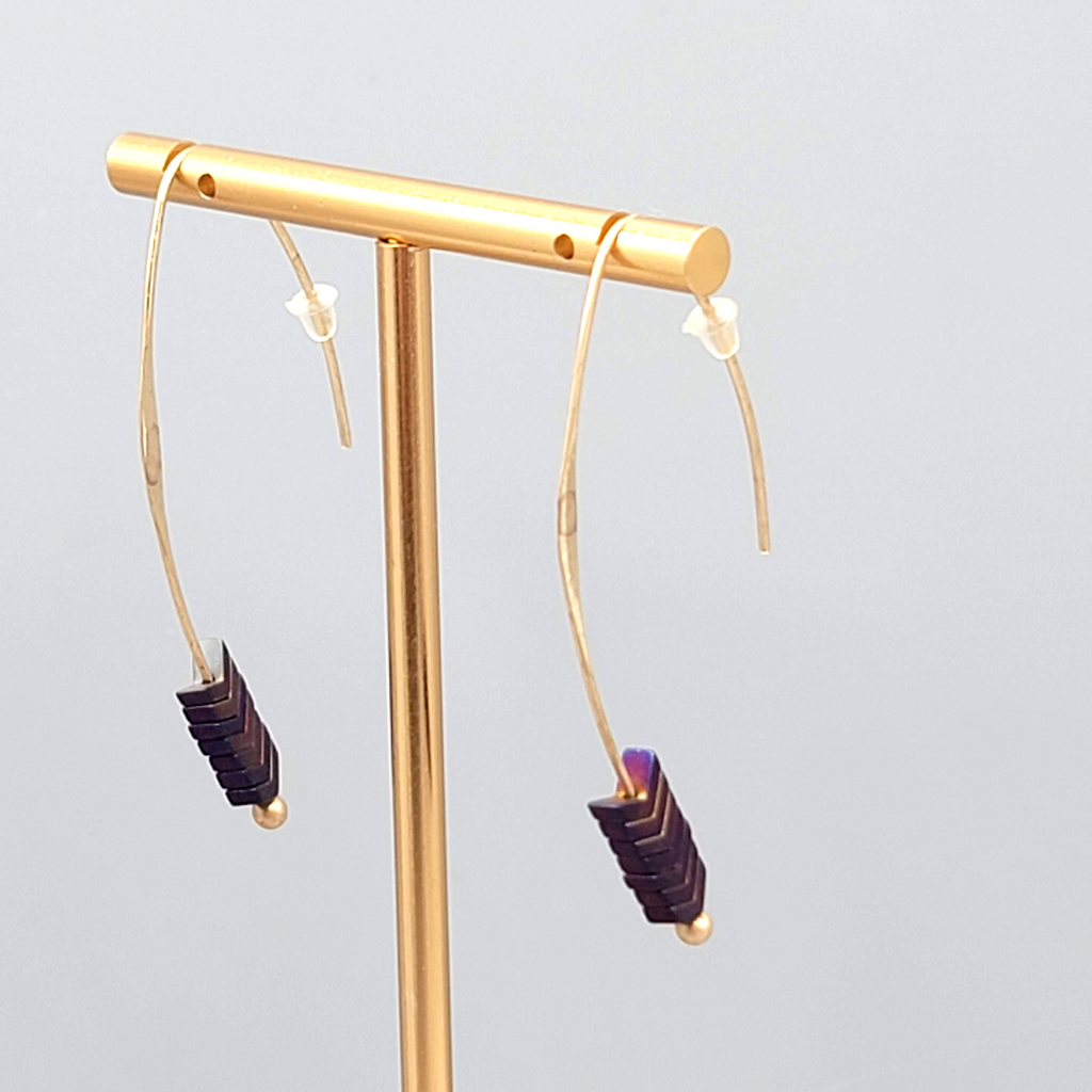 Purple Stone Thin Hook Pierced Earrings Gold tone Drop 2"