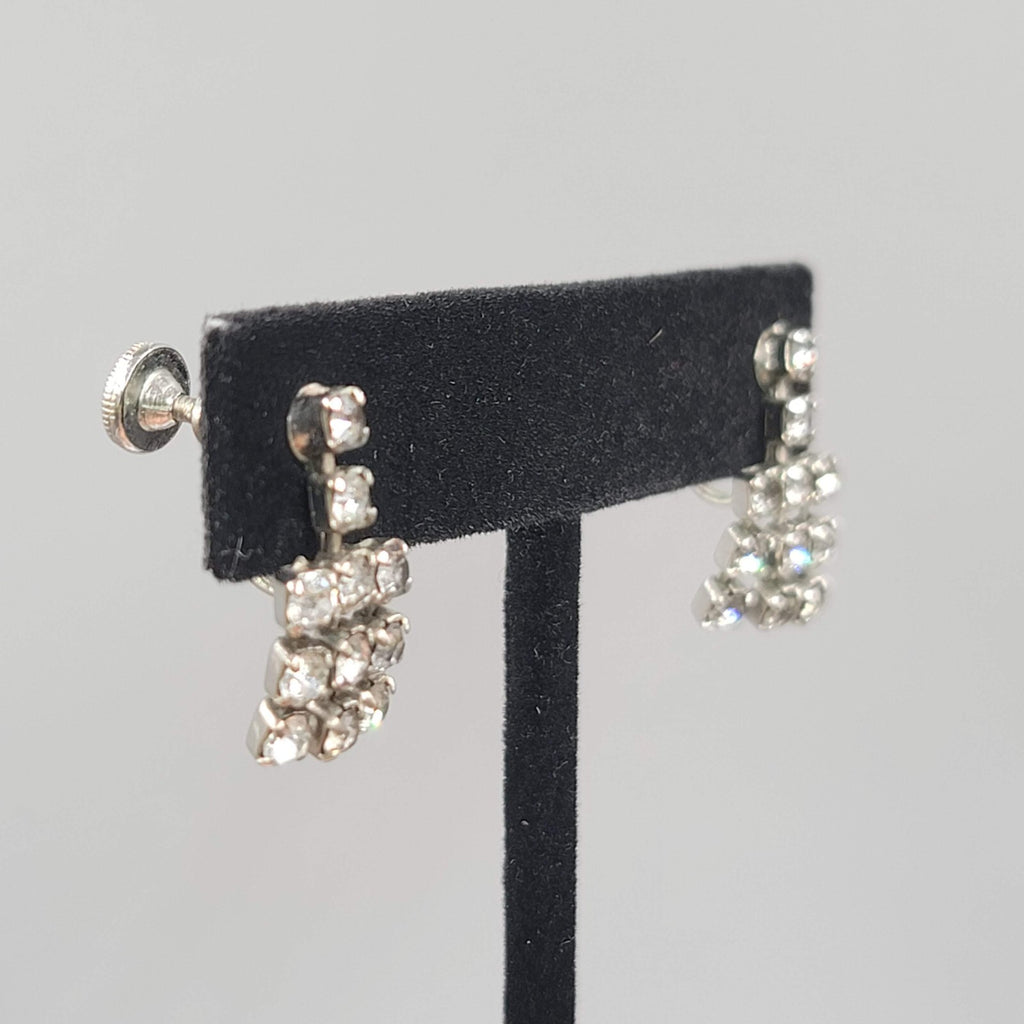Vintage Dangle Rhinestone Clip on Earrings Silver tone Screw Back 3/4"