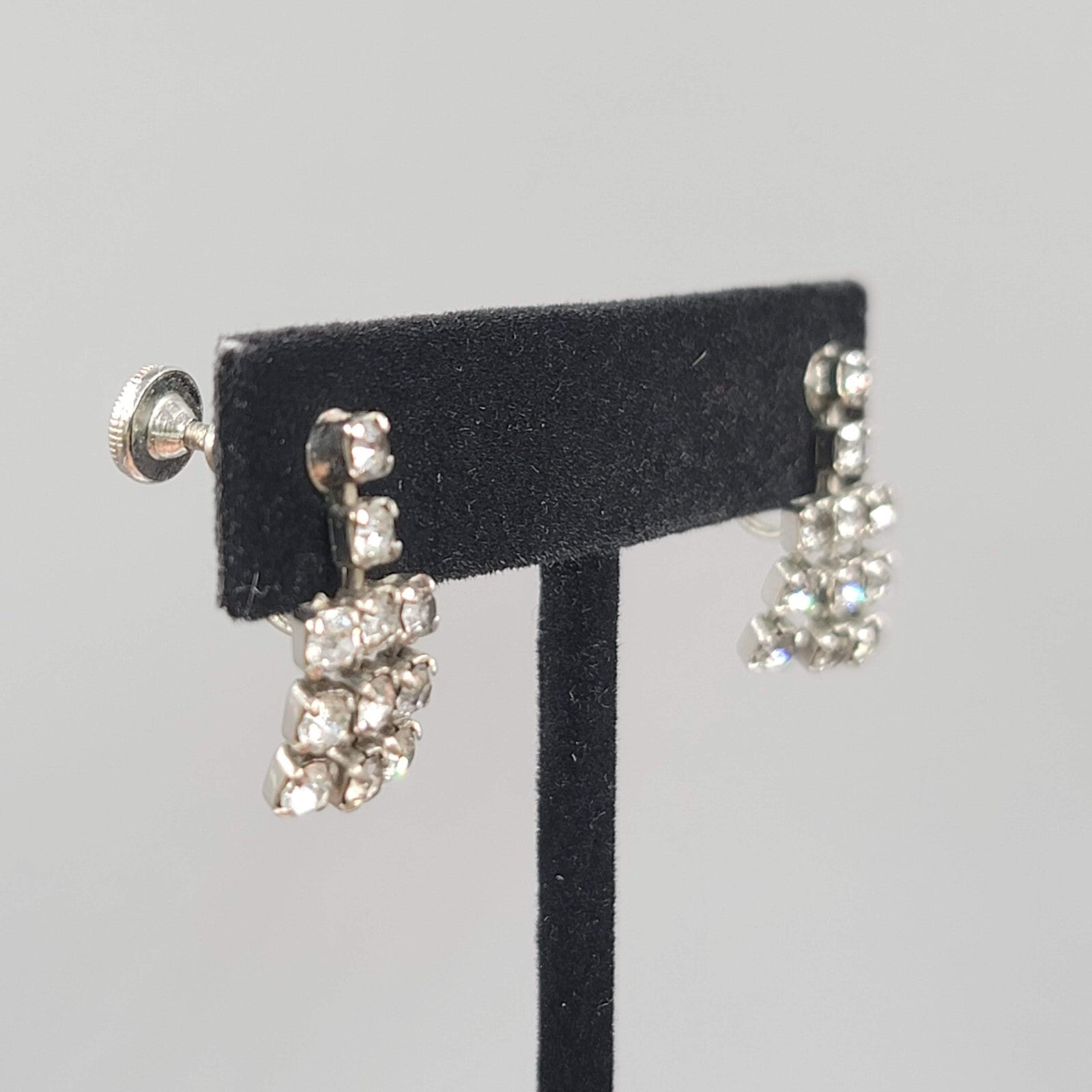 Vintage Dangle Rhinestone Clip on Earrings Silver tone Screw Back 3/4"