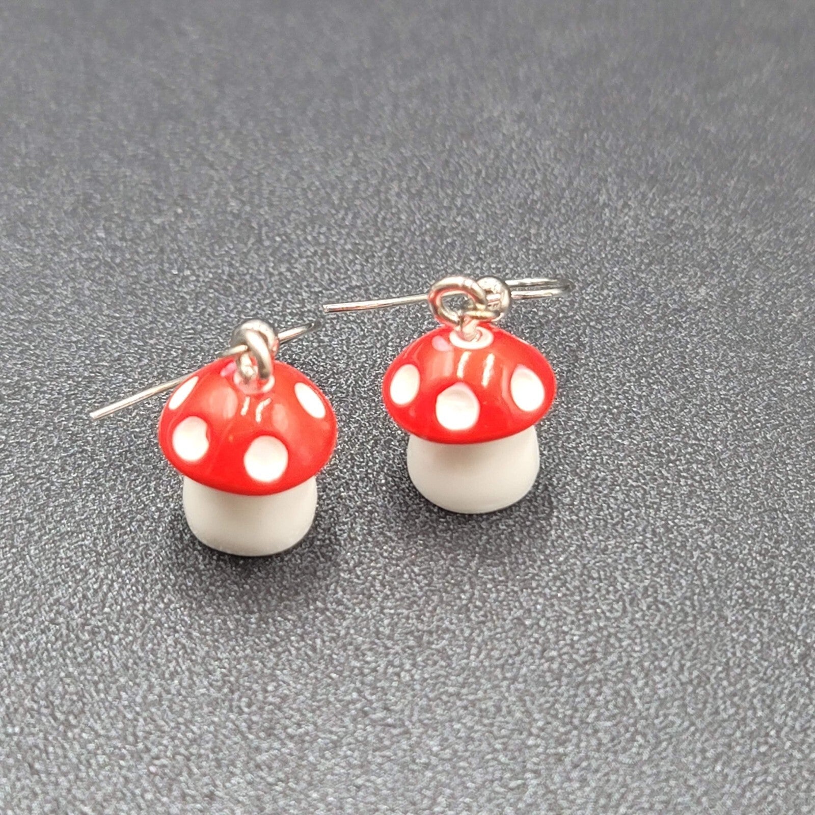 Pierced Earrings Red White Polka Dot Mushroom Dangle Cute 1/2"