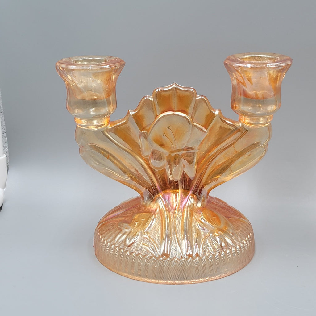Jeanette Carnival Glass Double Candle Holder Marigold Iridescent Glass